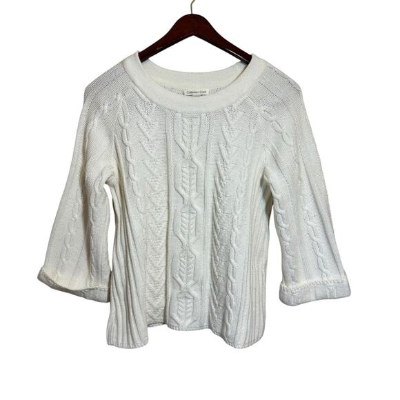 Talbots Sweater Ivory Cotton Blend Cable Knit Pullover size Small Cuffed Sleeves - Picture 1 of 6